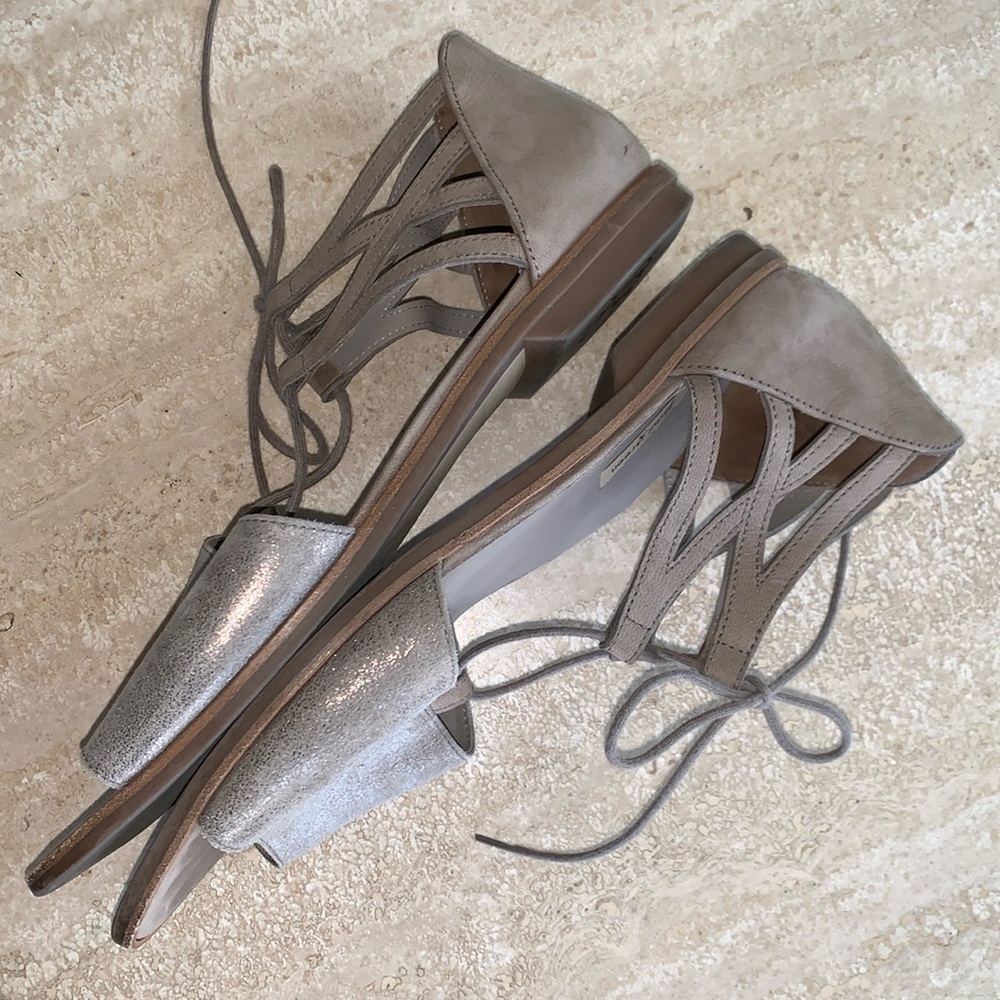 PAUL GREEN flat sandals WOMEN's 10, iridescent tan suede (front), ankle tie. EUC - Picture 6 of 16